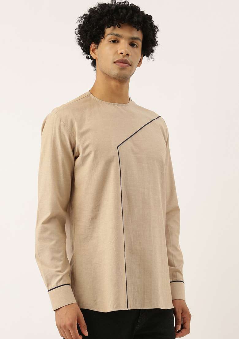 Beige And Blue Malai Cotton Short Kurta For Men - Indya