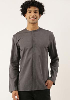 Grey Malai Cotton Short Kurta For Men