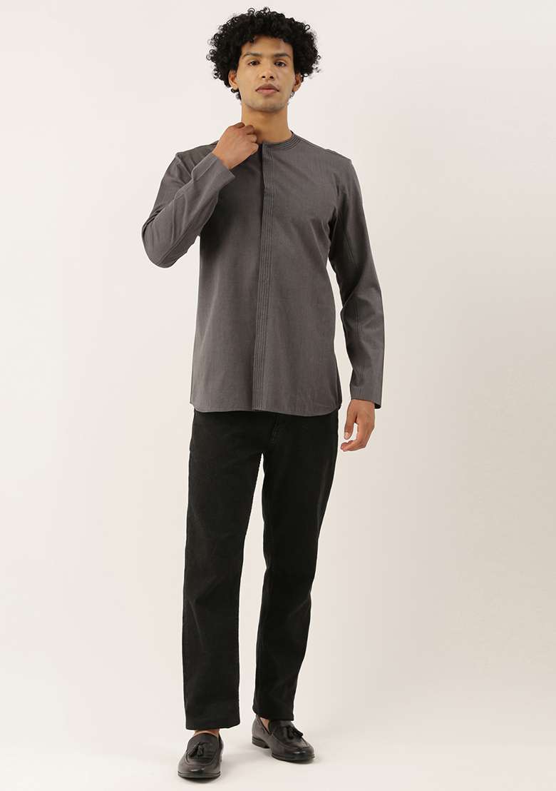 Grey Malai Cotton Short Kurta For Men - Indya