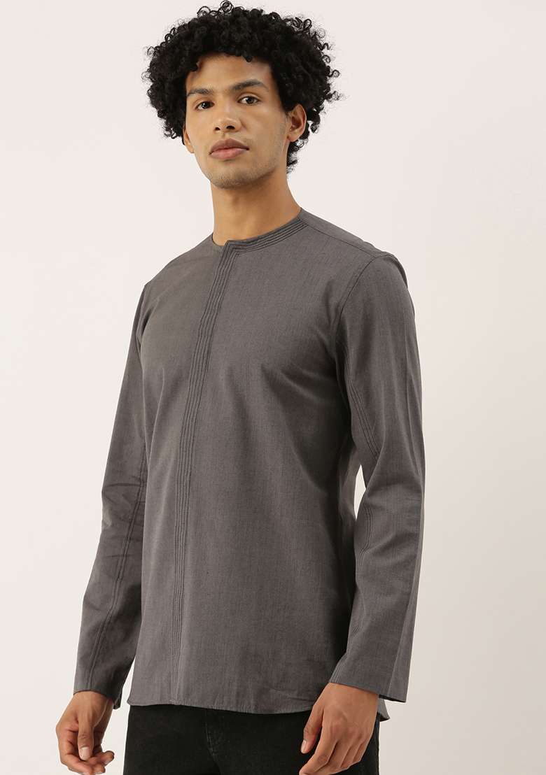 Grey Malai Cotton Short Kurta For Men - Indya