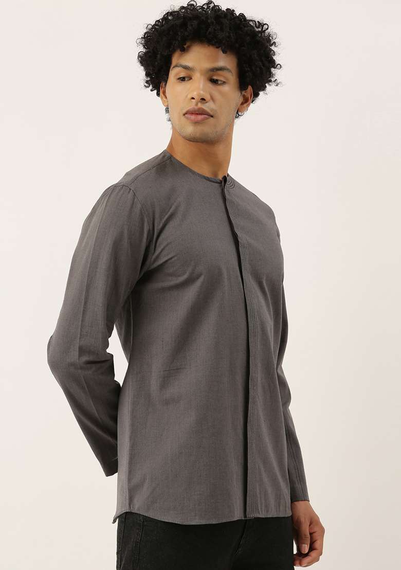 Grey Malai Cotton Short Kurta For Men - Indya