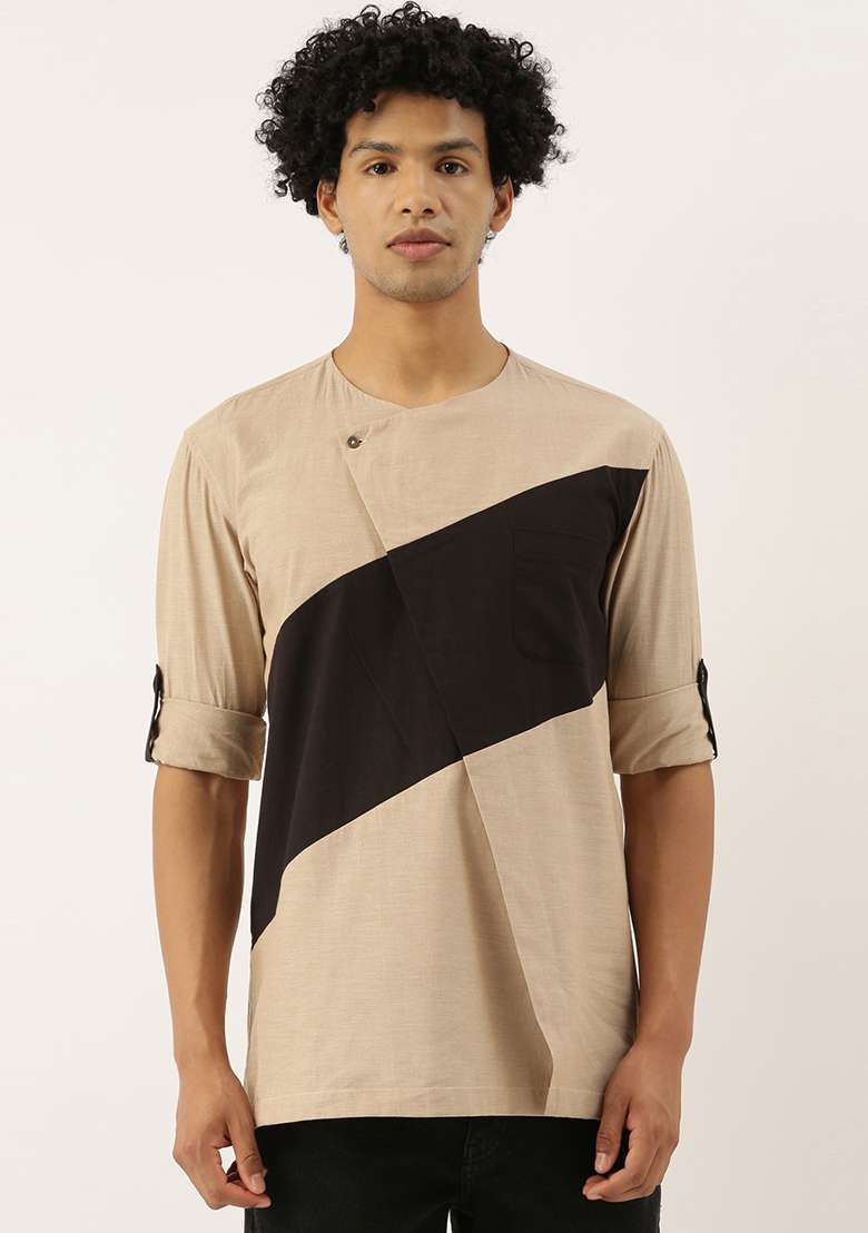 Beige And Black Malai Cotton Short Kurta For Men - Indya