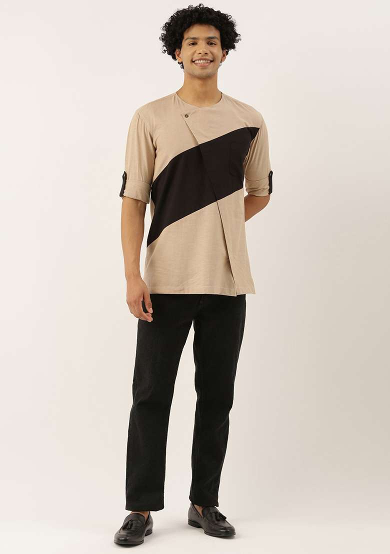 Beige And Black Malai Cotton Short Kurta For Men - Indya