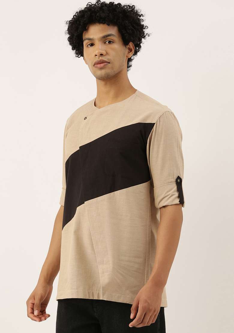 Beige And Black Malai Cotton Short Kurta For Men - Indya