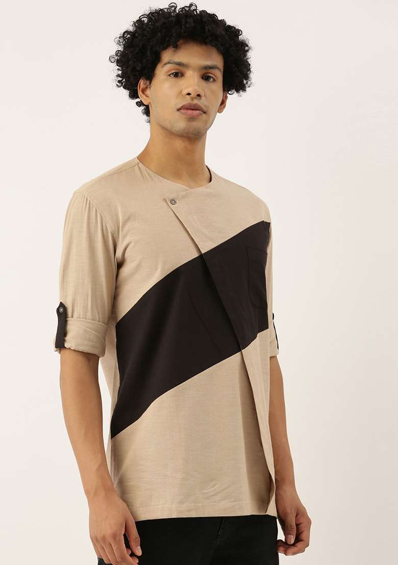 Beige And Black Malai Cotton Short Kurta For Men - Indya