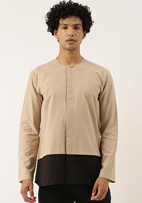 Beige And Black Cotton Short Kurta For Men