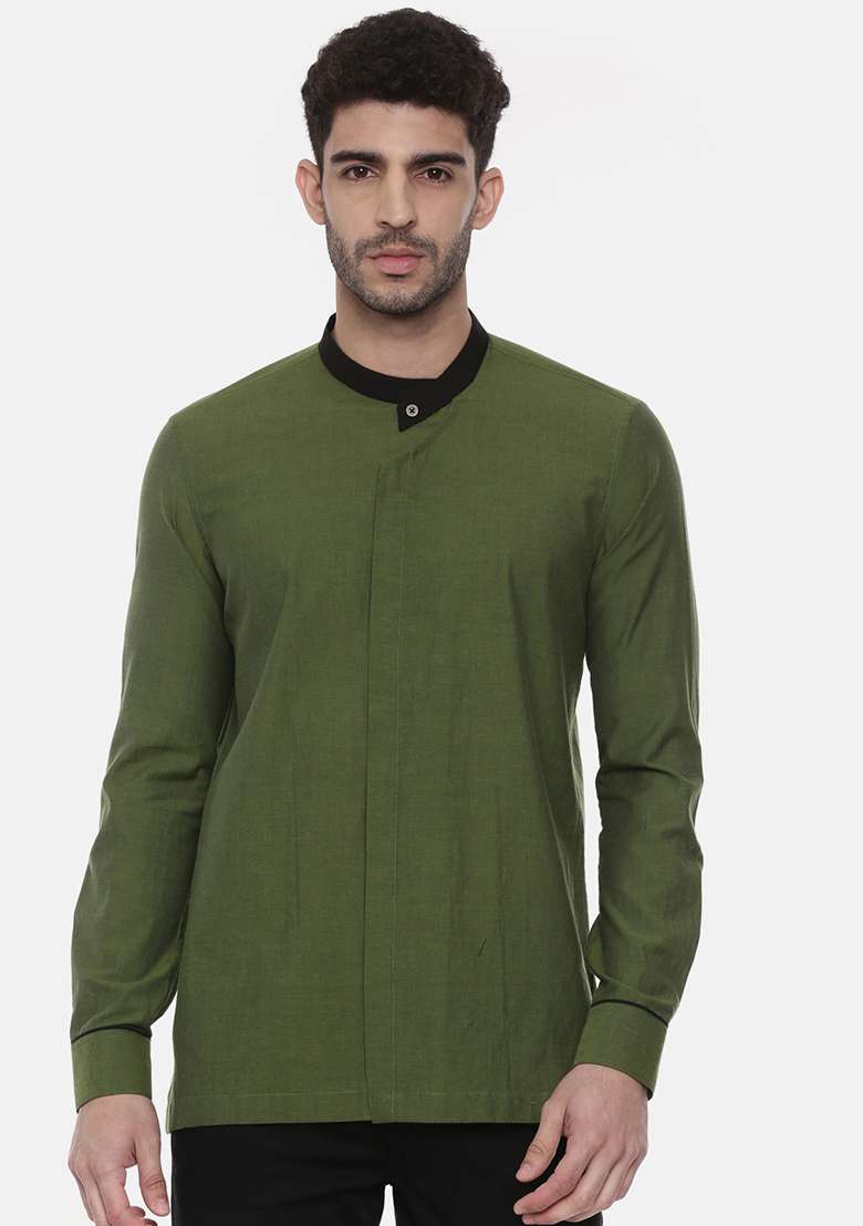 Green Cotton Short Kurta For Men - Indya