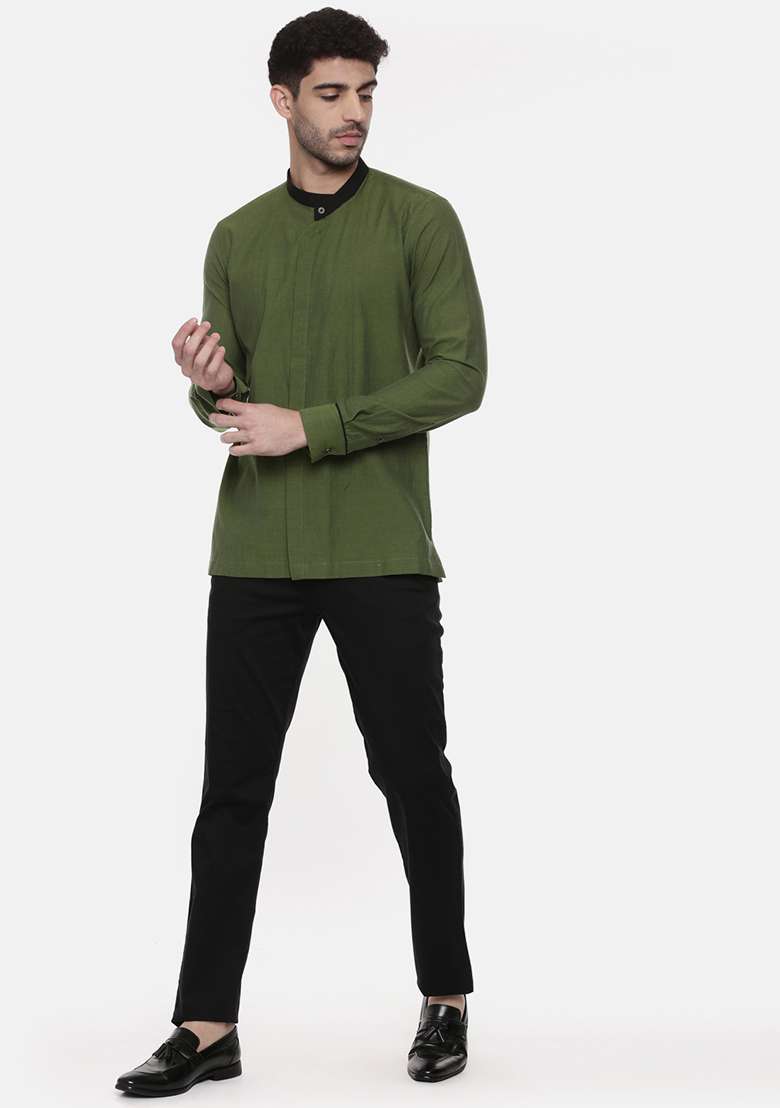 Green Cotton Short Kurta For Men - Indya