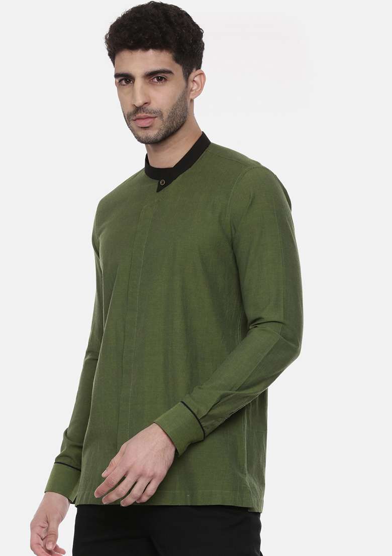 Green Cotton Short Kurta For Men - Indya