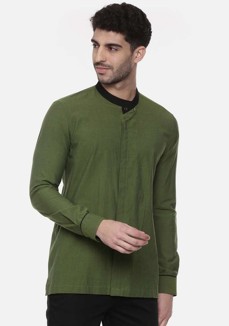 Green Cotton Short Kurta For Men - Indya