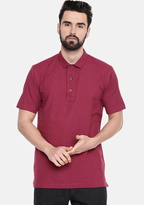 Wine Cotton Short Kurta For Men