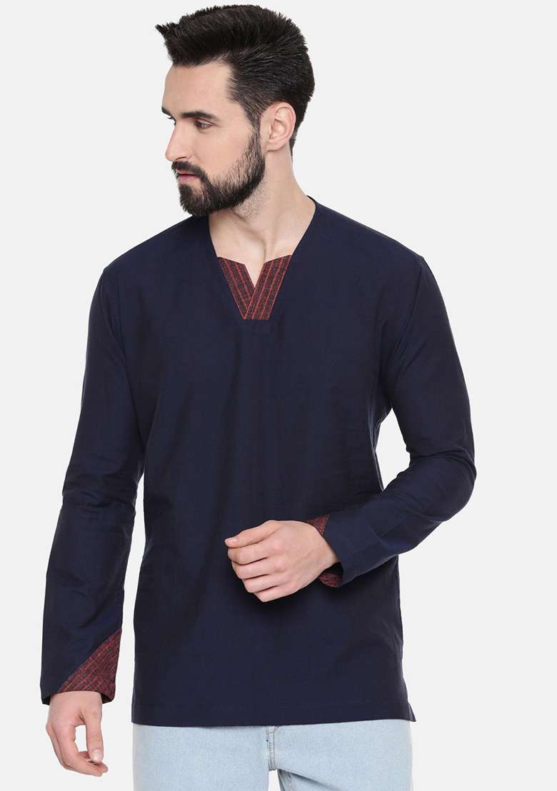 Navy Blue Cotton Short Kurta For Men - Indya