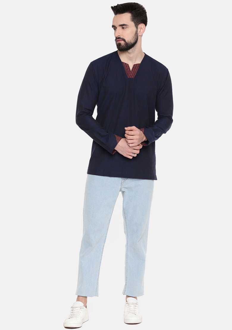 Navy Blue Cotton Short Kurta For Men - Indya
