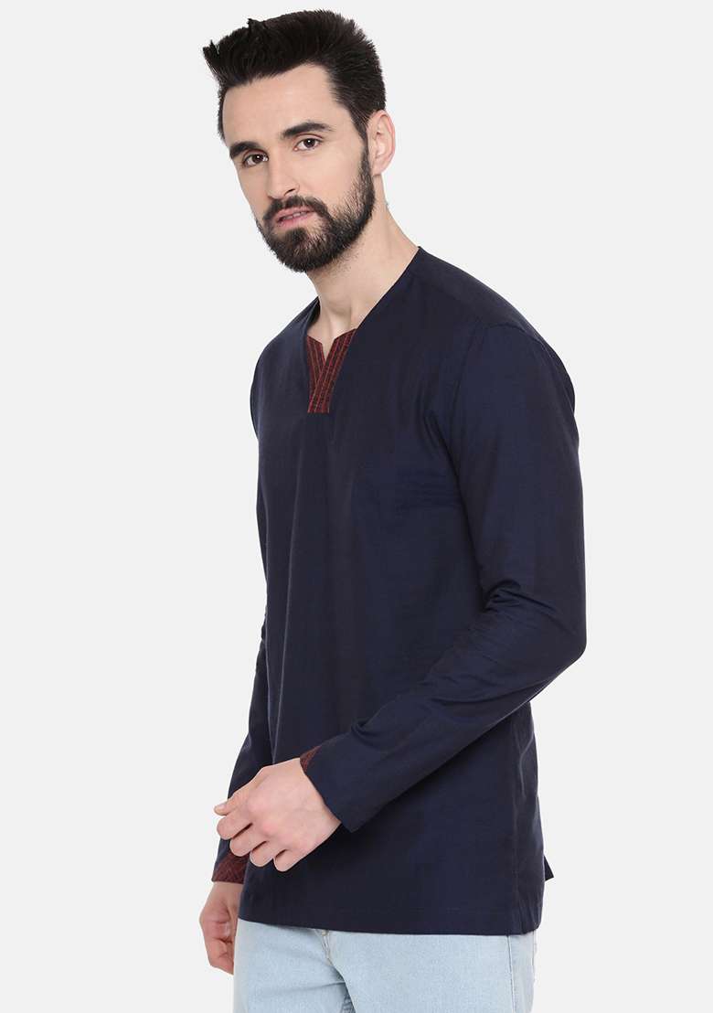 Navy Blue Cotton Short Kurta For Men - Indya