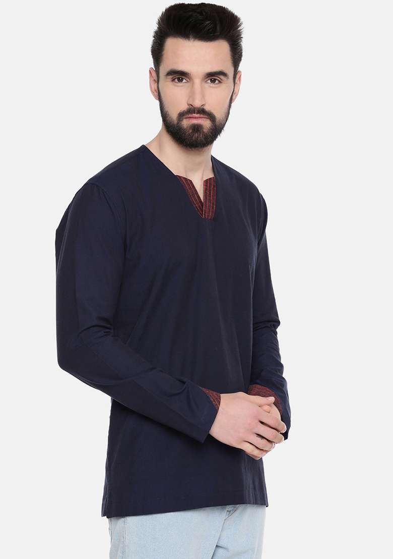 Navy Blue Cotton Short Kurta For Men - Indya