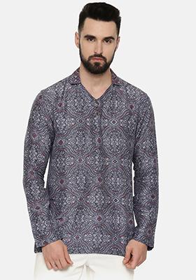 Blue Printed Linen Short Kurta For Men