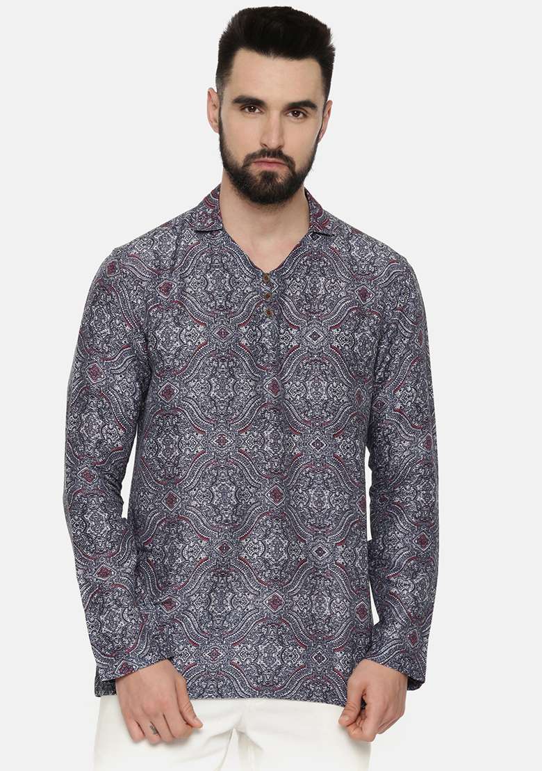 Blue Printed Linen Short Kurta For Men - Indya