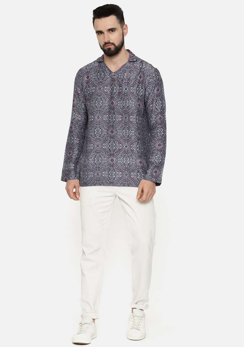 Blue Printed Linen Short Kurta For Men - Indya