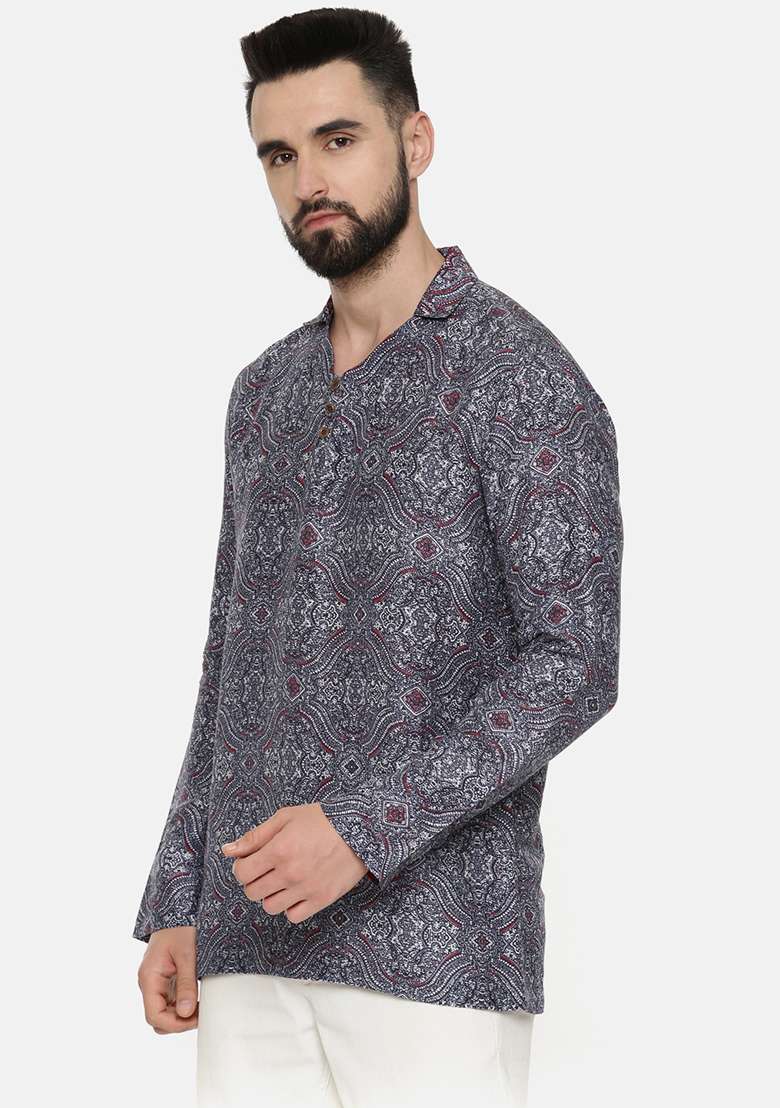 Blue Printed Linen Short Kurta For Men - Indya