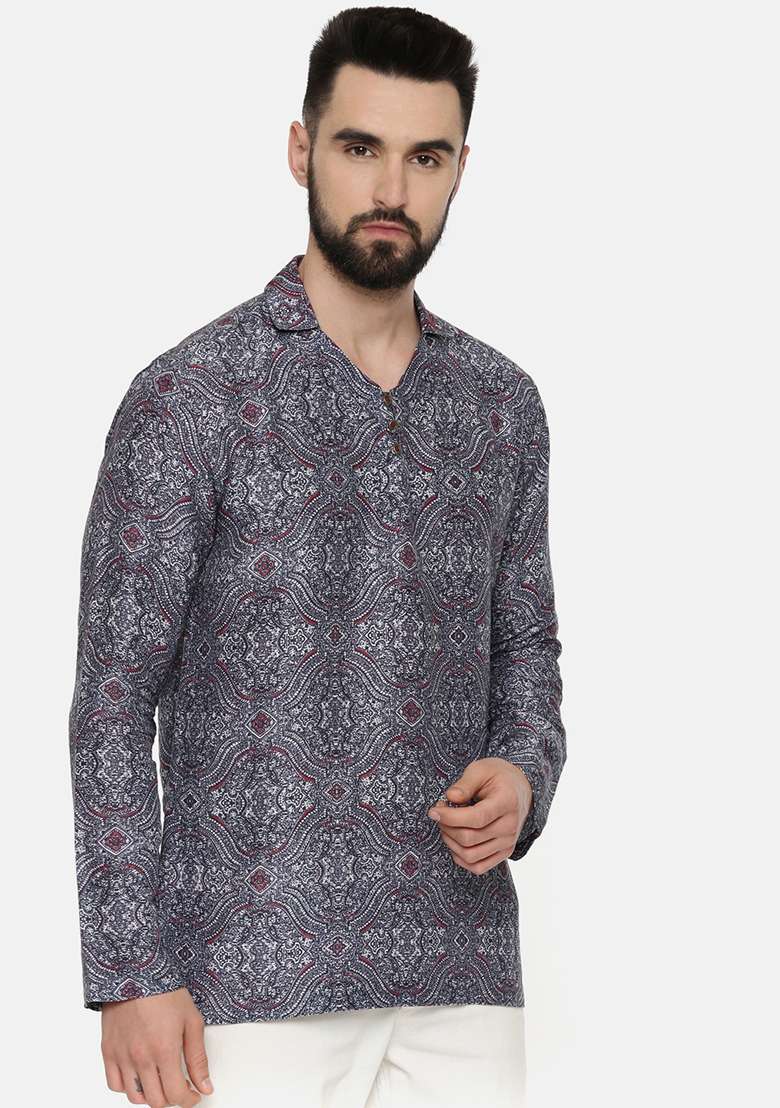 Blue Printed Linen Short Kurta For Men - Indya