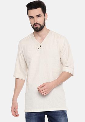 Beige Cotton Flex Short Kurta For Men