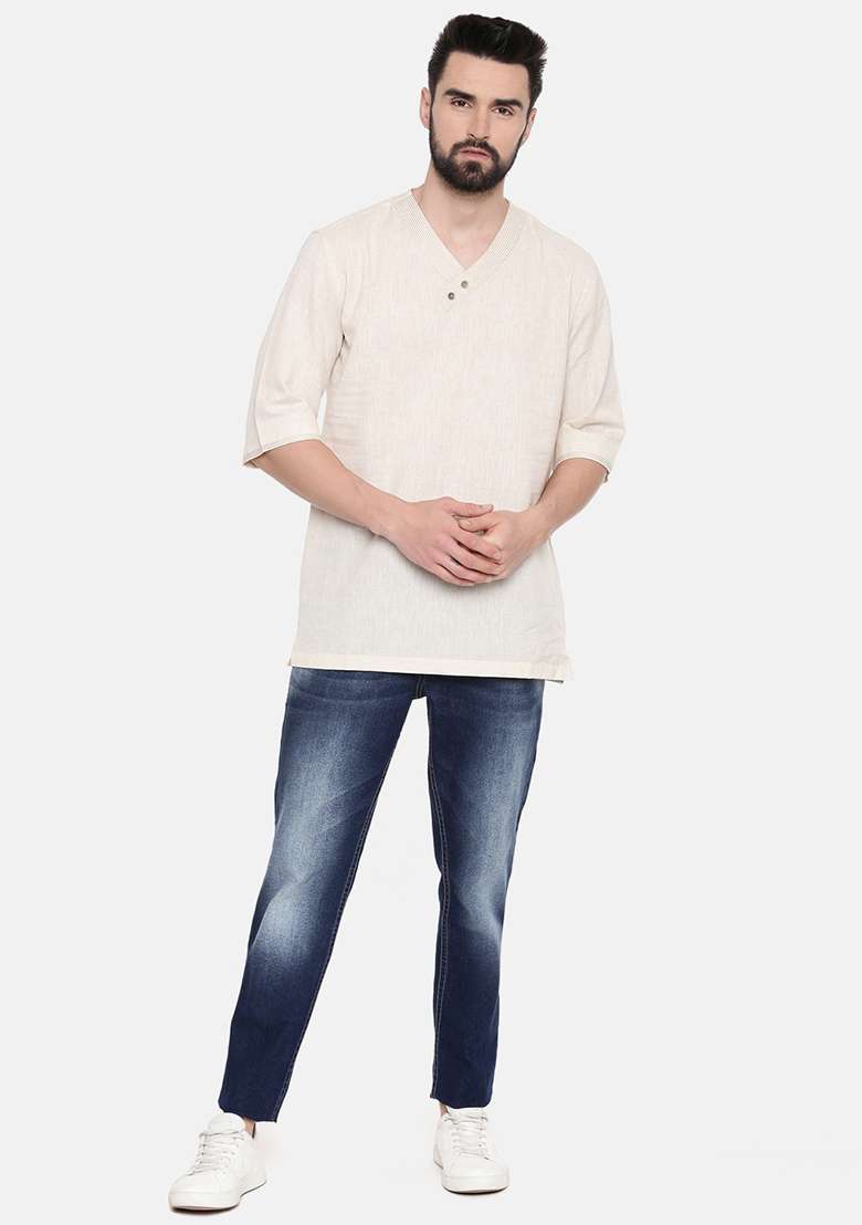 Beige Cotton Flex Short Kurta For Men - Indya