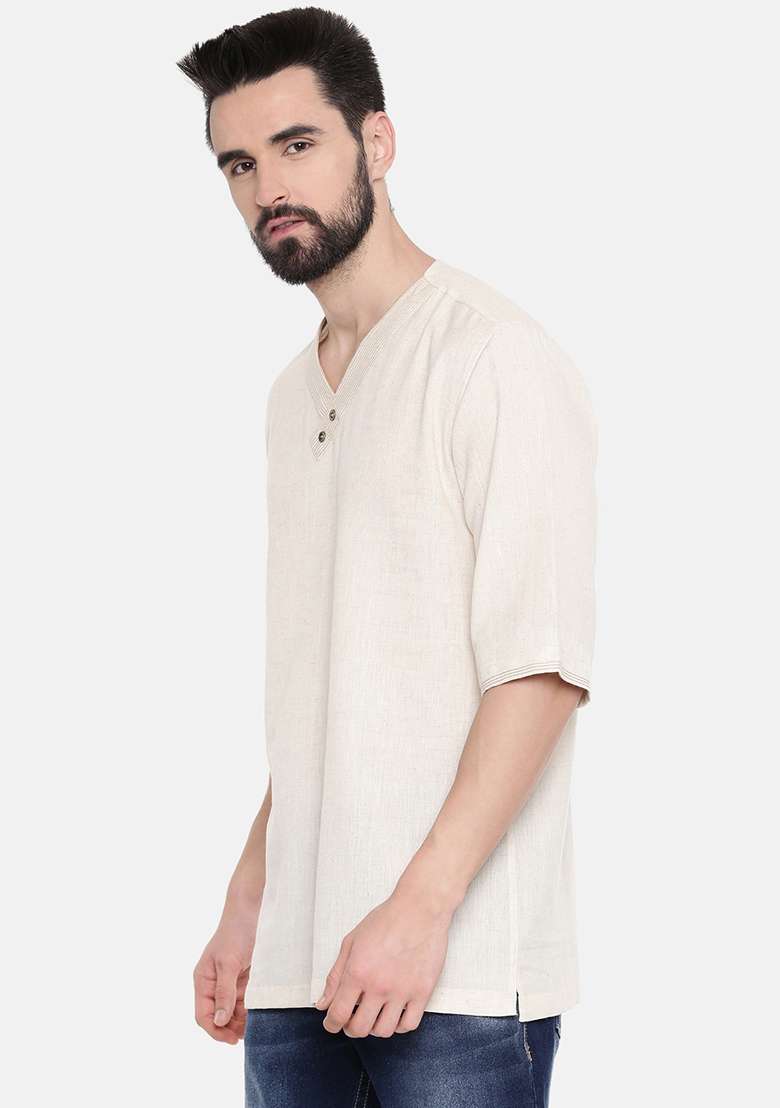 Beige Cotton Flex Short Kurta For Men - Indya