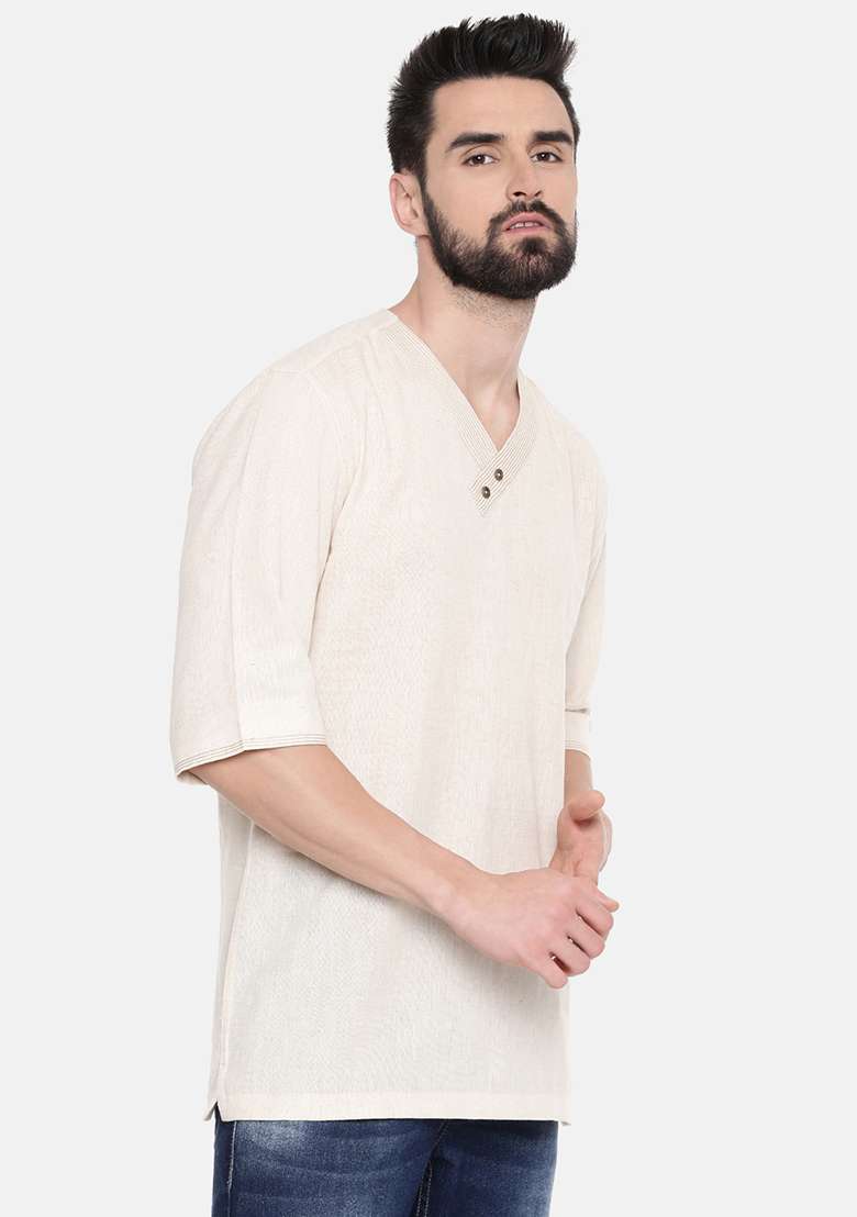 Beige Cotton Flex Short Kurta For Men - Indya