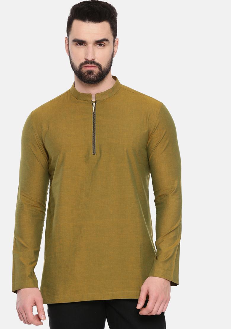 Mustard Green Cotton Short Kurta For Men - Indya