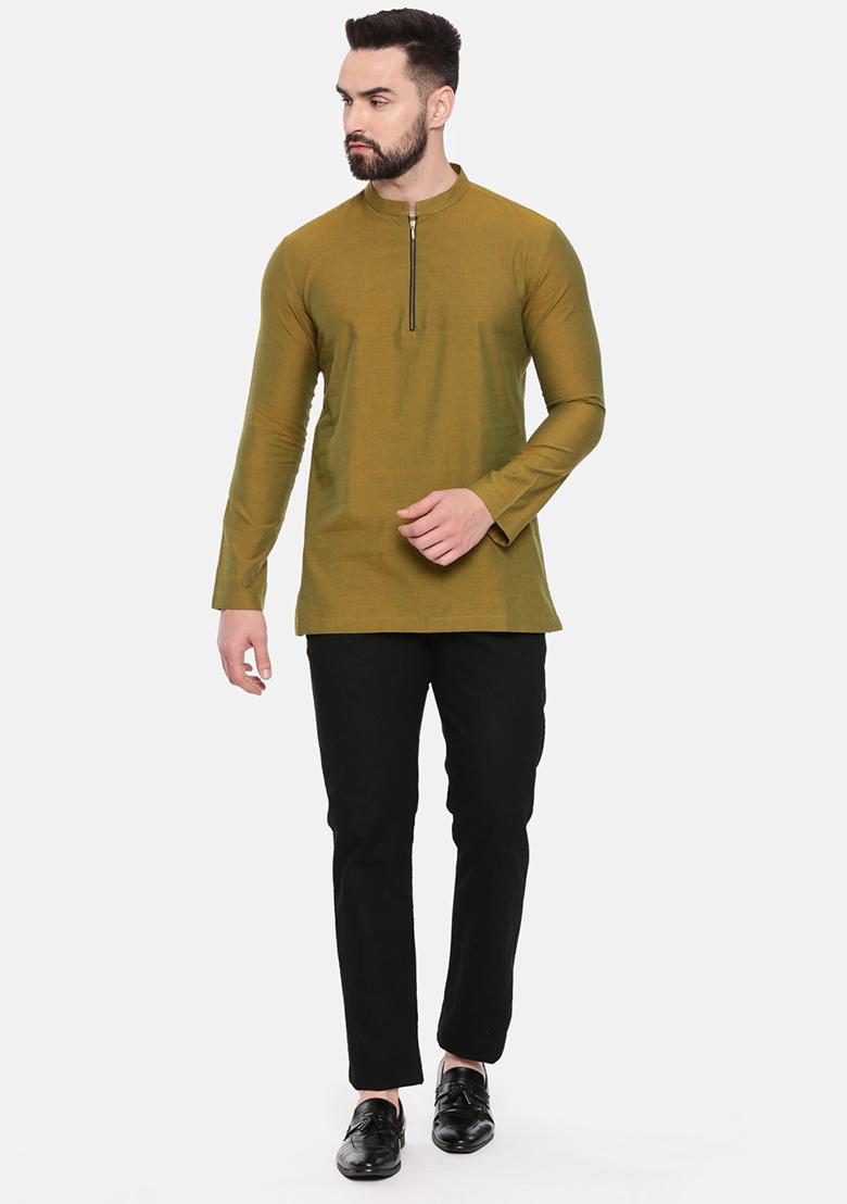 Mustard Green Cotton Short Kurta For Men - Indya