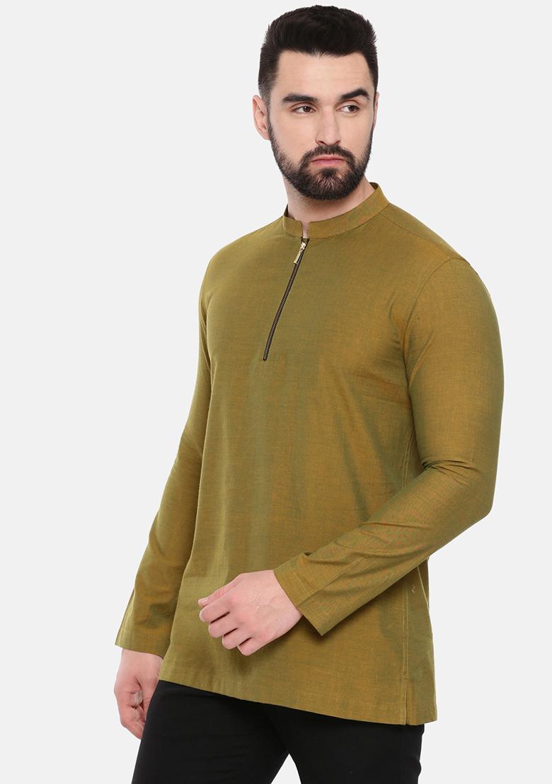 Mustard Green Cotton Short Kurta For Men - Indya