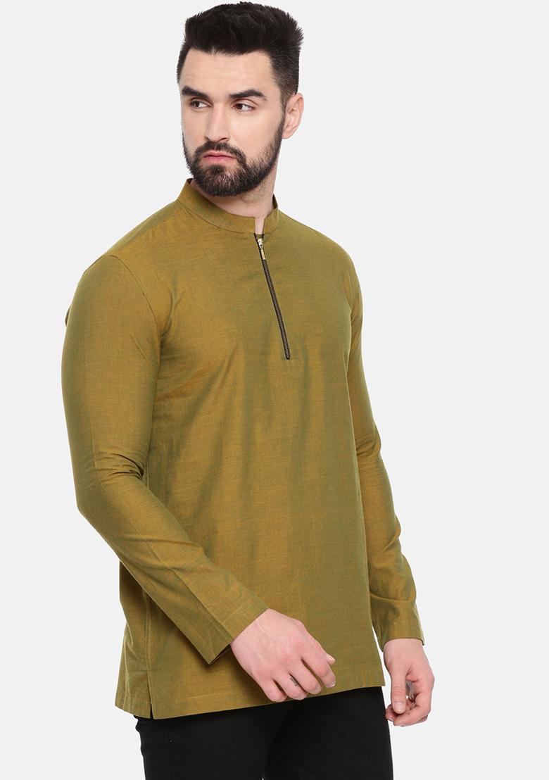 Mustard Green Cotton Short Kurta For Men - Indya