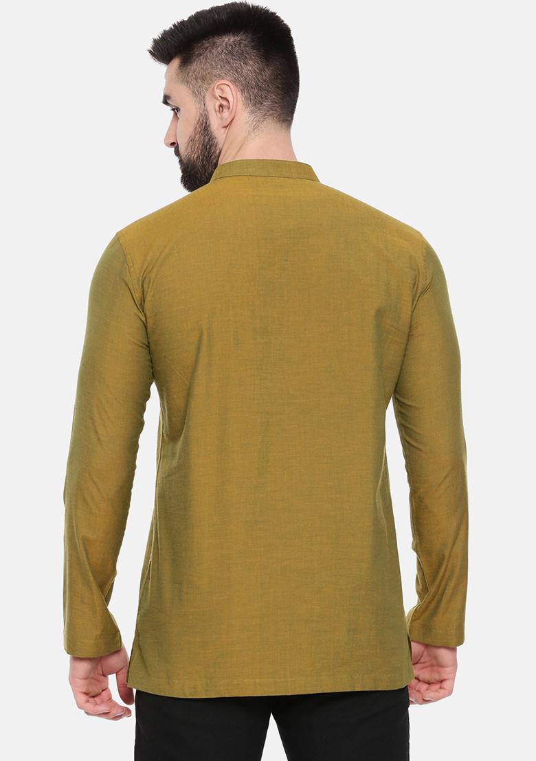 Mustard Green Cotton Short Kurta For Men - Indya