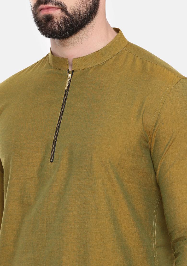 Mustard Green Cotton Short Kurta For Men - Indya