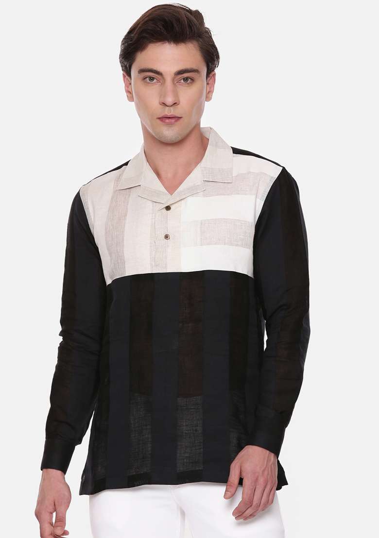 Black And Ivory Colourblocked Short Kurta For Men - Indya