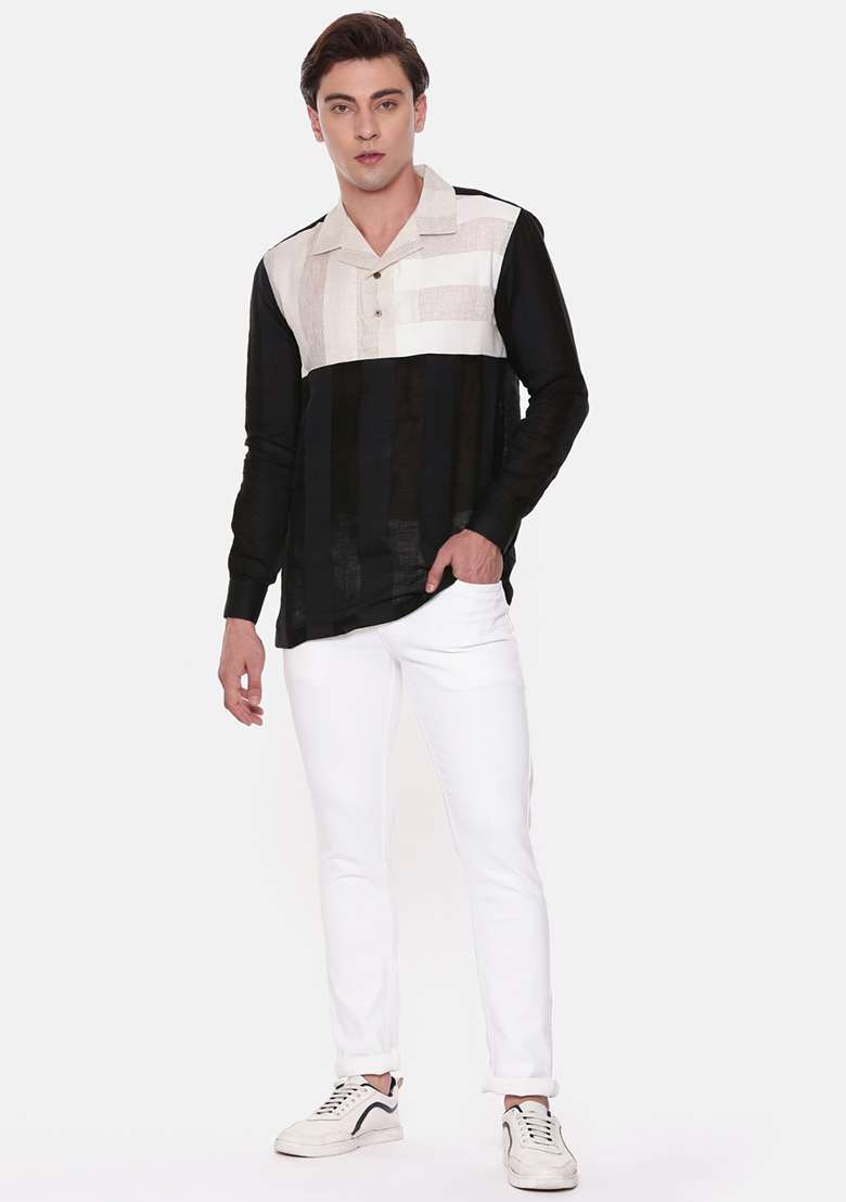 Black And Ivory Colourblocked Short Kurta For Men - Indya