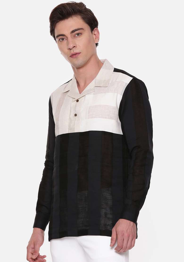 Black And Ivory Colourblocked Short Kurta For Men - Indya