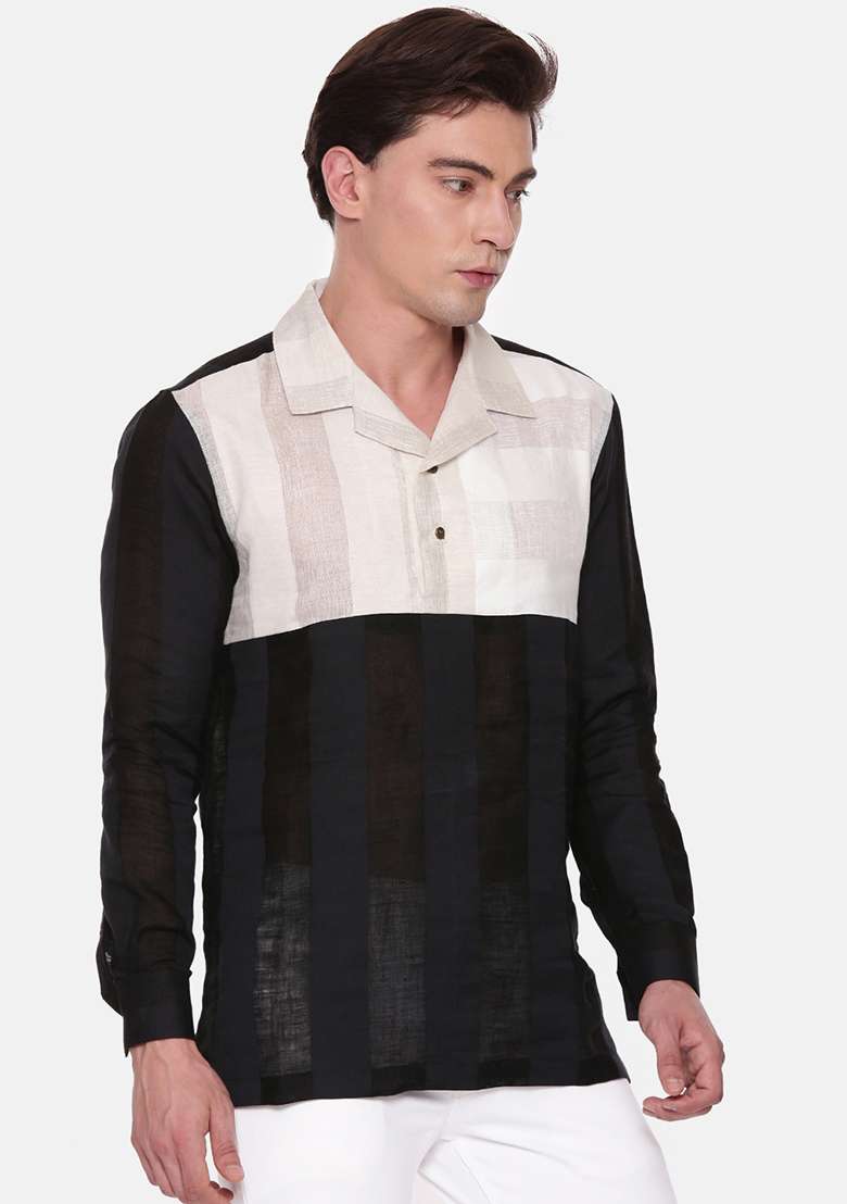 Black And Ivory Colourblocked Short Kurta For Men - Indya