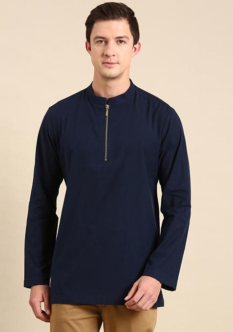 Navy Blue Malai Cotton Short Kurta For Men