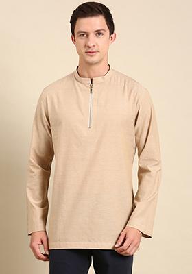 Beige Malai Cotton Short Kurta For Men