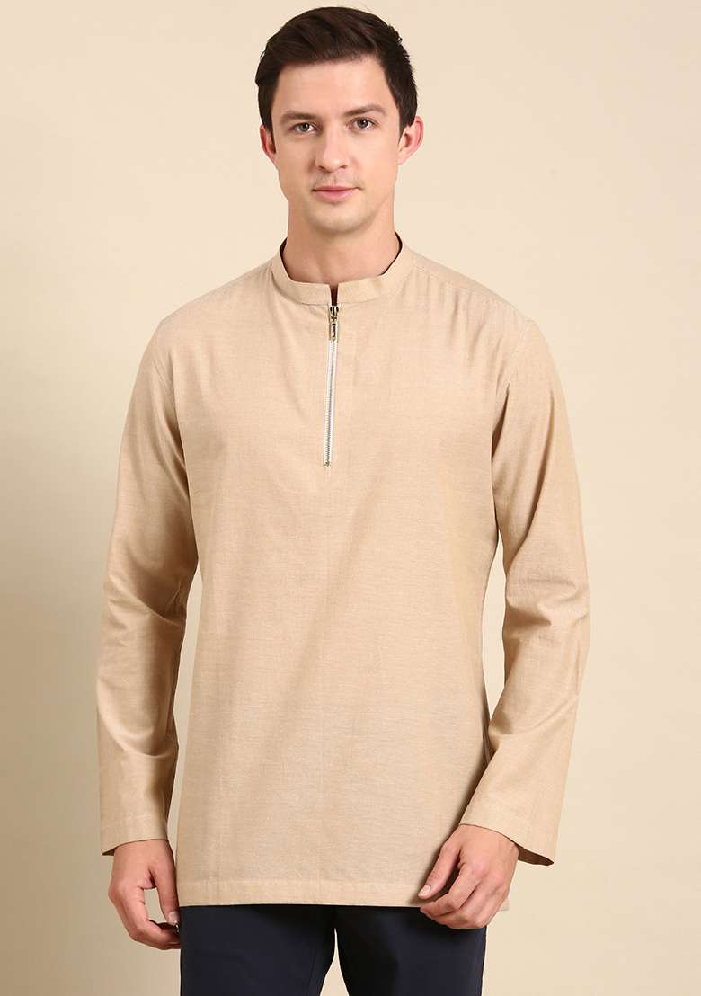 Beige Malai Cotton Short Kurta For Men - Indya