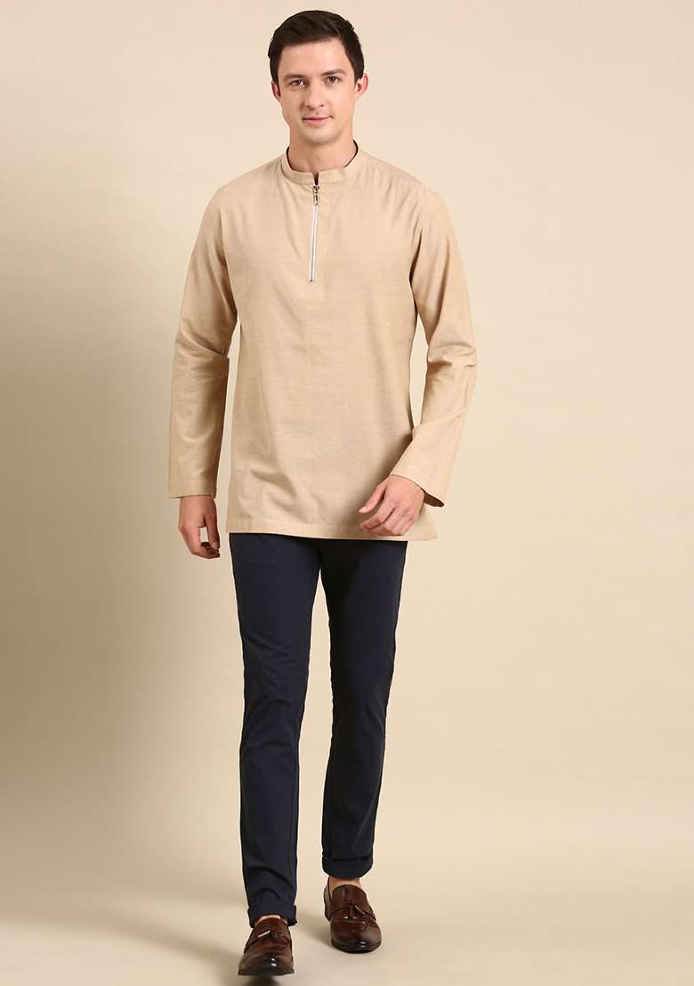Beige Malai Cotton Short Kurta For Men - Indya