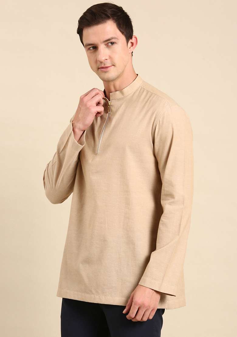 Beige Malai Cotton Short Kurta For Men - Indya