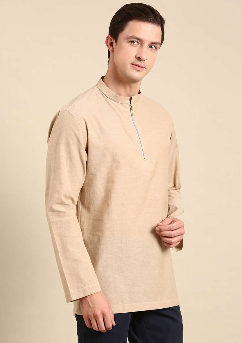 Beige Malai Cotton Short Kurta For Men - Indya