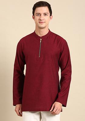 Maroon Malai Cotton Short Kurta For Men