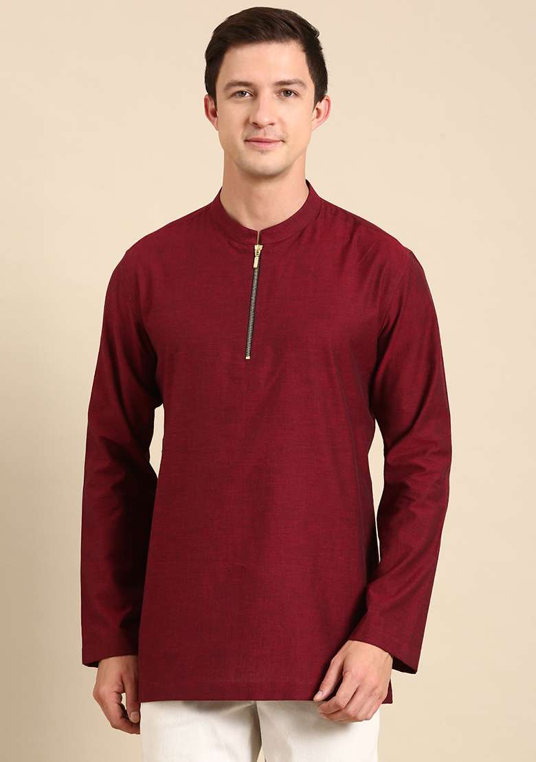 Maroon Malai Cotton Short Kurta For Men - Indya