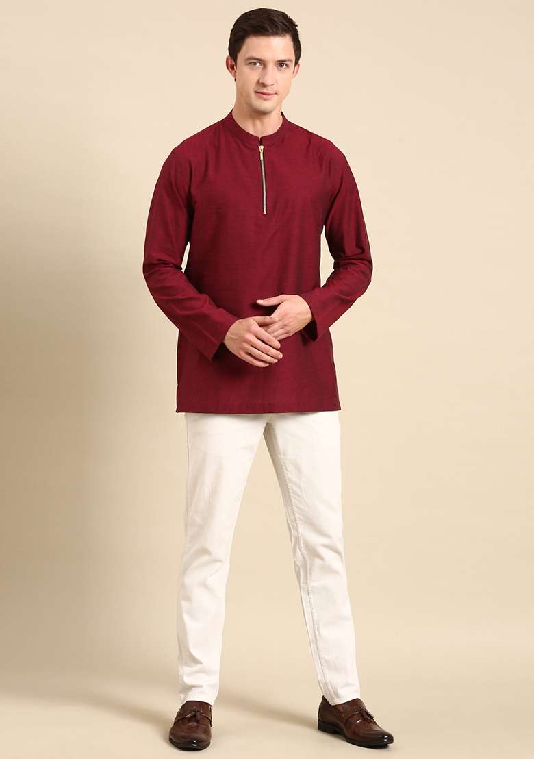 Maroon Malai Cotton Short Kurta For Men - Indya