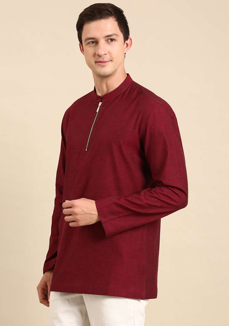 Maroon Malai Cotton Short Kurta For Men - Indya