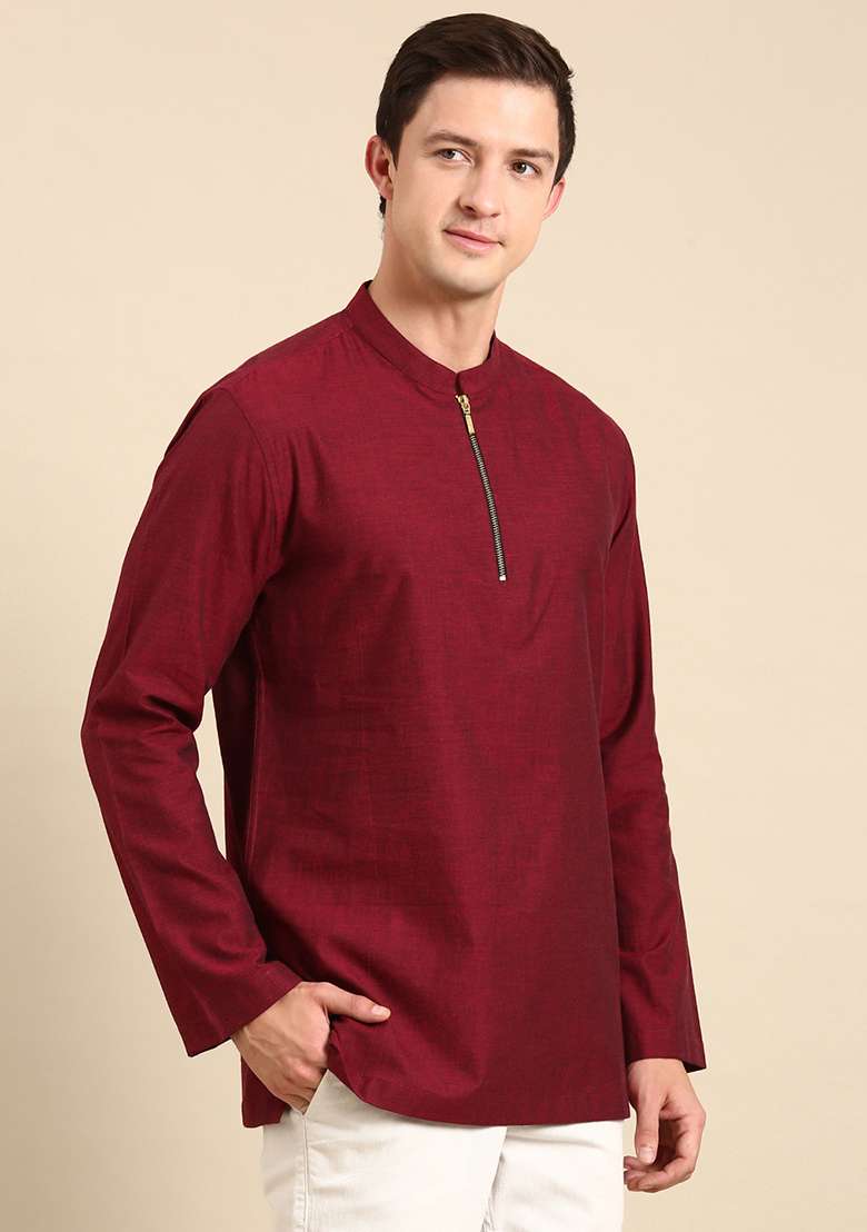 Maroon Malai Cotton Short Kurta For Men - Indya