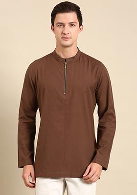 Brown Malai Cotton Short Kurta For Men